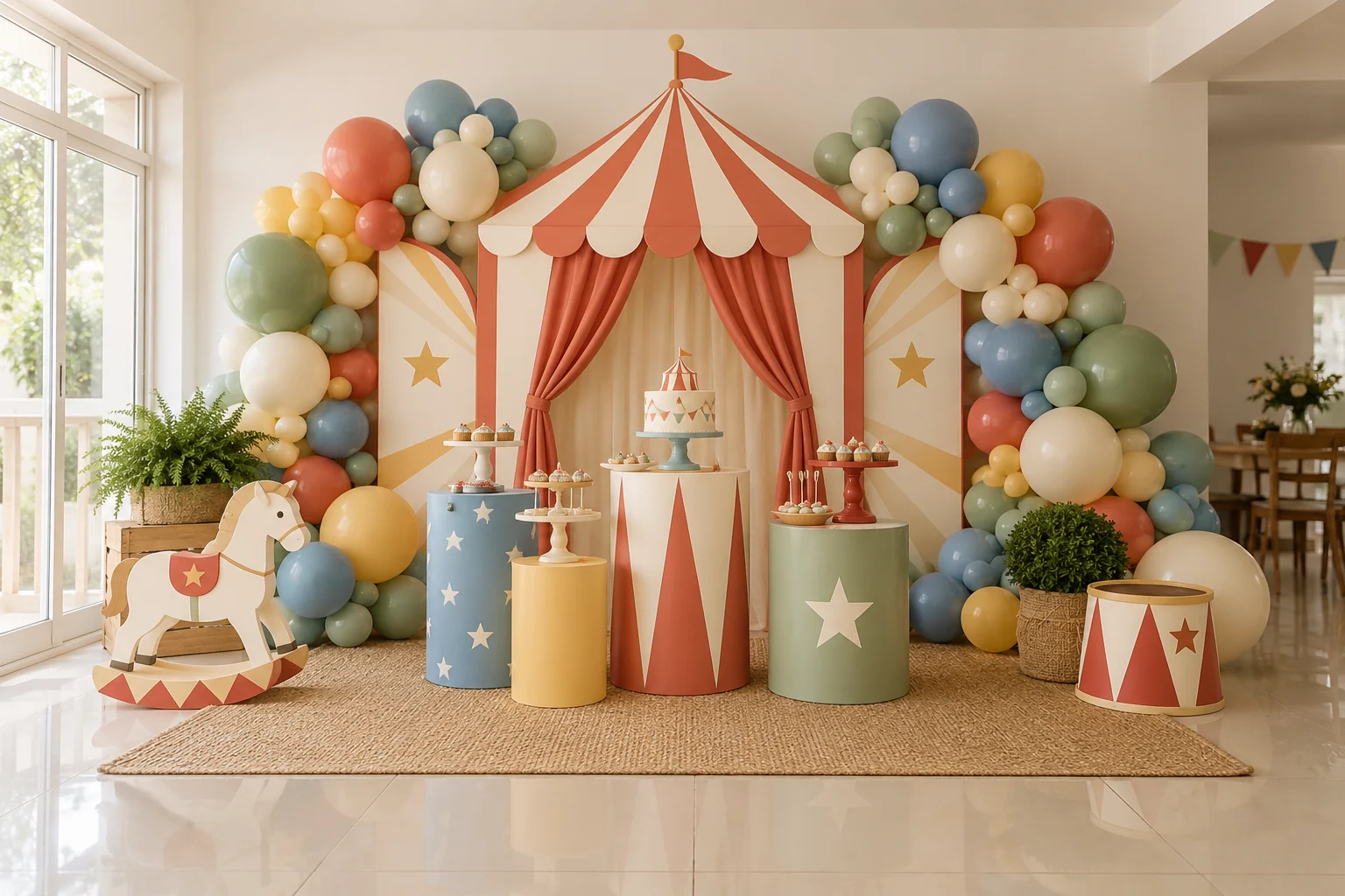 Concepto generado con IA: circo infantil en tonos suaves con paneles, globos, peanas y mesa de dulces